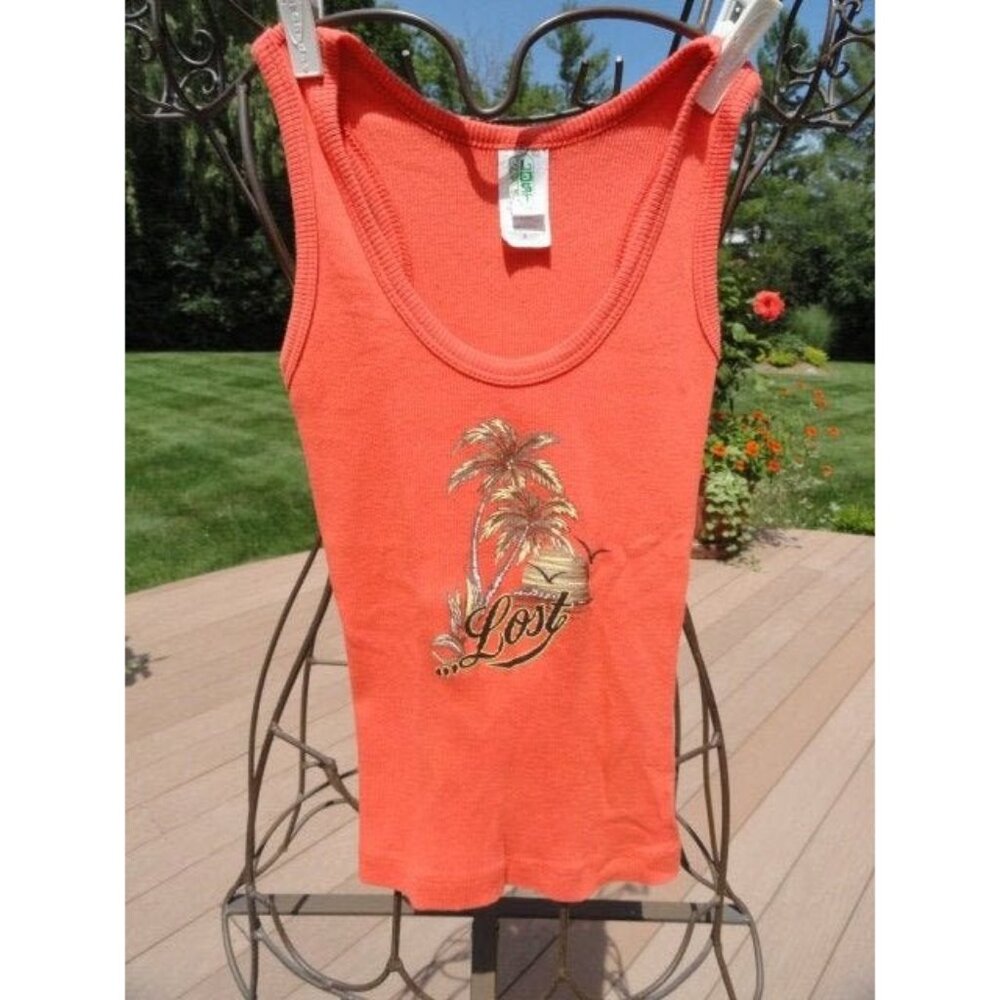Vintage Lost Girl "Lost" Ribbed Tank Top Orange Sunset Palm Trees Size Small